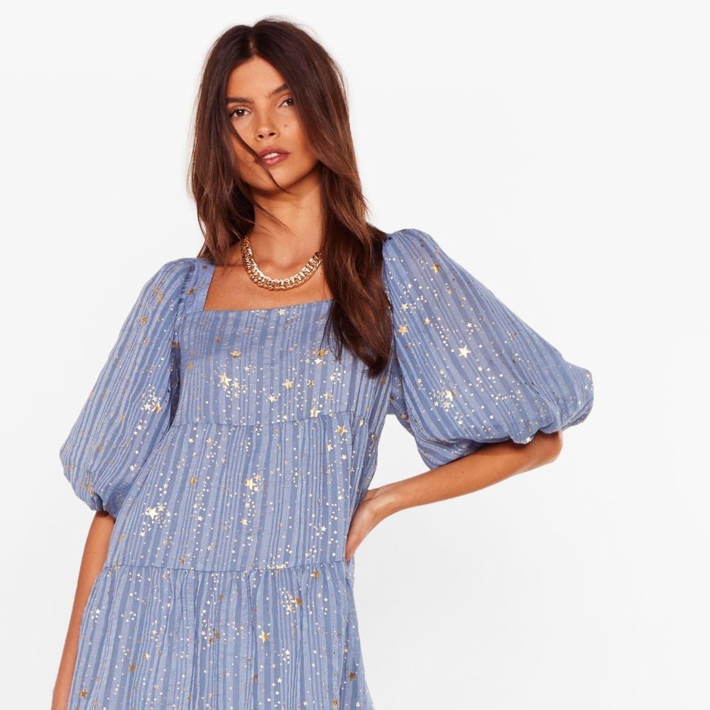 Celestial blue dress with gold shimmer and puff sleeve